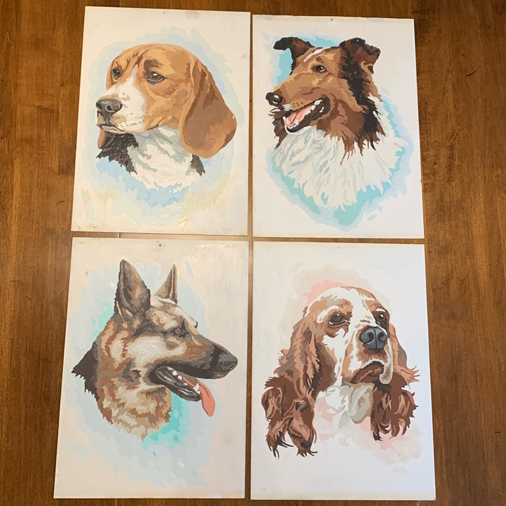 Set of 4 Vintage Paint By Number Dog Portraits
